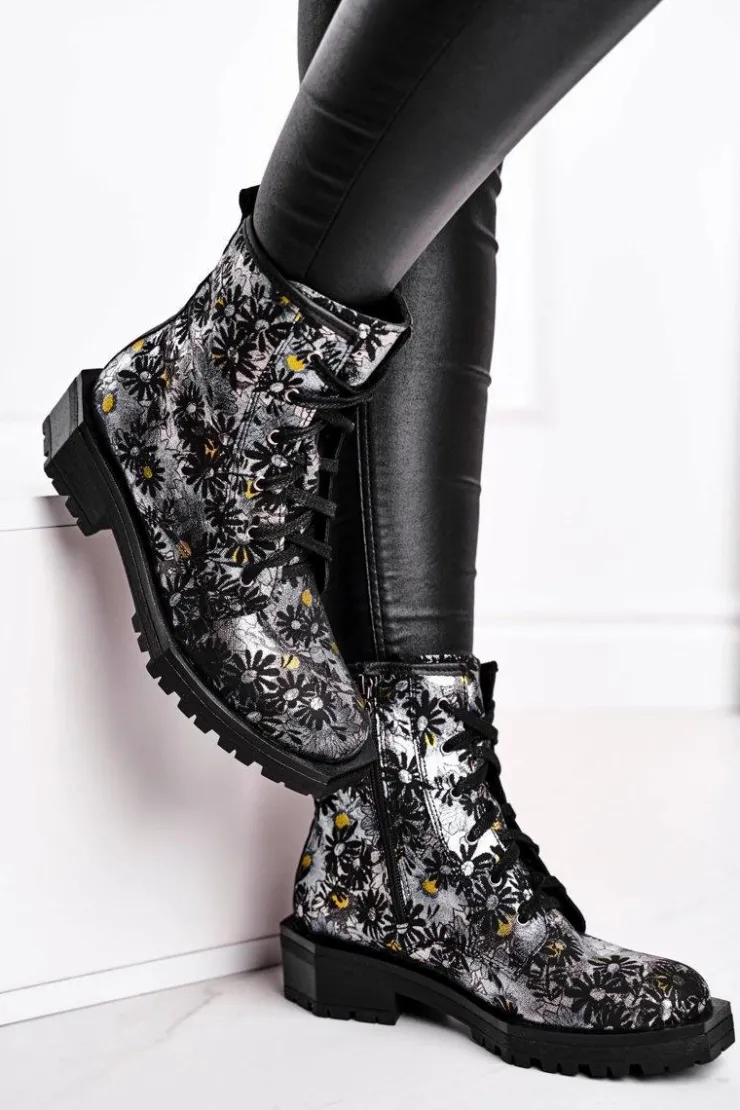 Maciejka Botki Maciejka|Botki Sznurowane*Botki Damskie Skórzane Trzewiki Kwiaty 04869-38