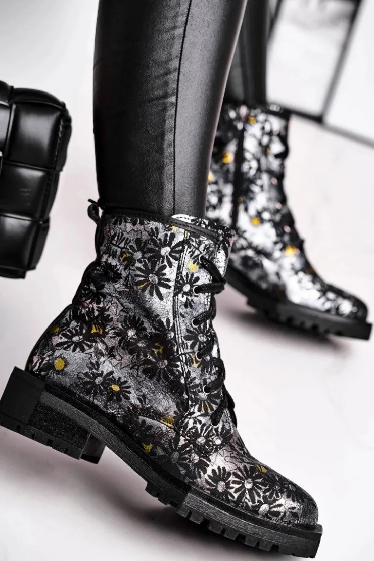 Maciejka Botki Maciejka|Botki Sznurowane*Botki Damskie Skórzane Trzewiki Kwiaty 04869-38