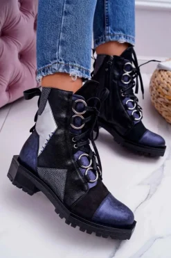 Maciejka Botki Maciejka|Botki Sznurowane*Botki Damskie Skórzane Trzewiki Granatowe 04184-17/00-3