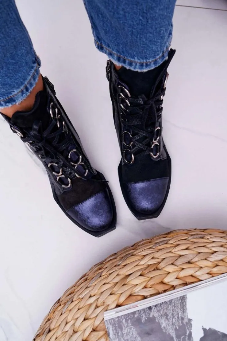 Maciejka Botki Maciejka|Botki Sznurowane*Botki Damskie Skórzane Trzewiki Granatowe 04184-17/00-3