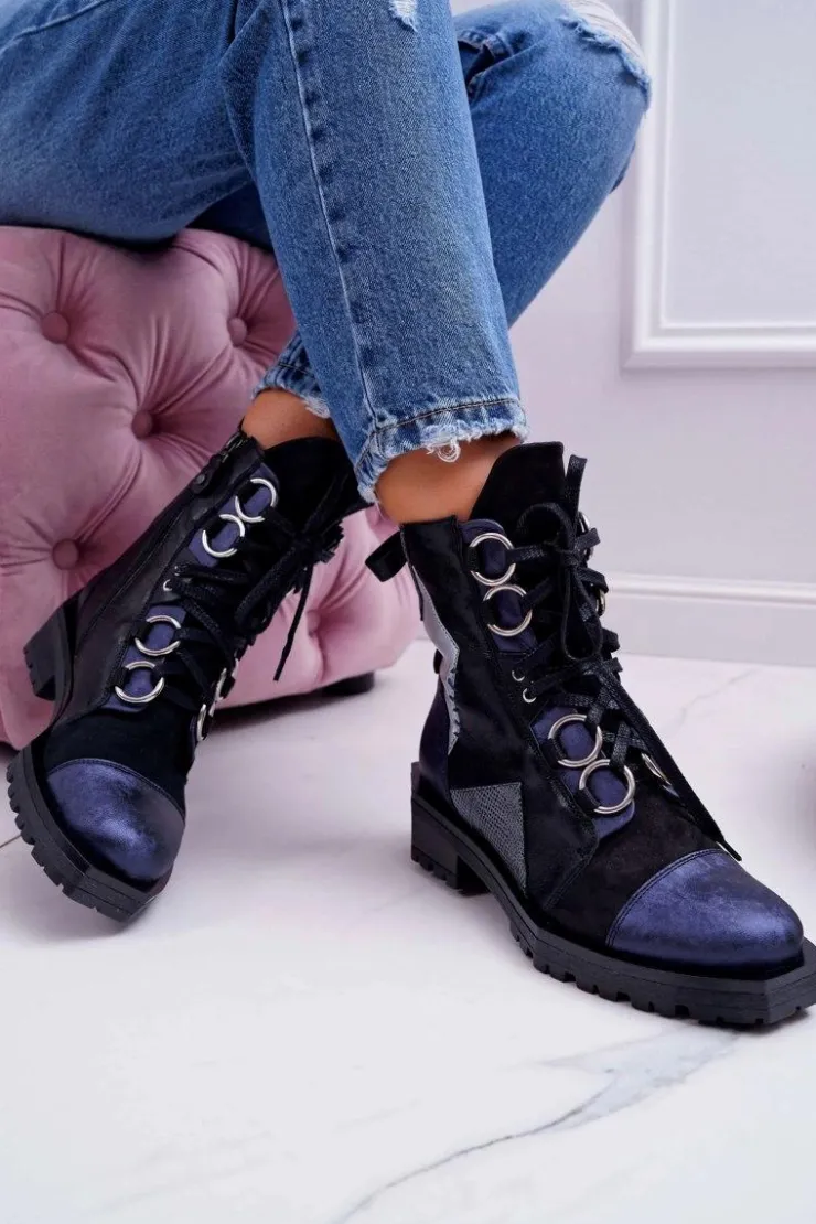 Maciejka Botki Maciejka|Botki Sznurowane*Botki Damskie Skórzane Trzewiki Granatowe 04184-17/00-3