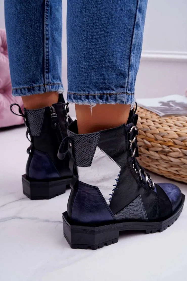 Maciejka Botki Maciejka|Botki Sznurowane*Botki Damskie Skórzane Trzewiki Granatowe 04184-17/00-3