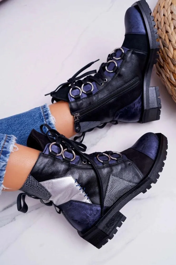 Maciejka Botki Maciejka|Botki Sznurowane*Botki Damskie Skórzane Trzewiki Granatowe 04184-17/00-3