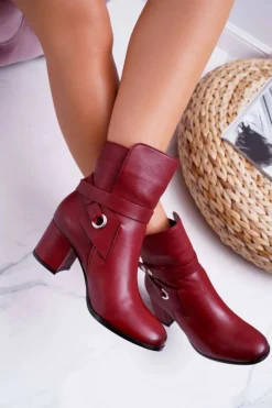 Clearance Laura Messi Botki Damskie Skórzane Wsuwane Bordowe 1820