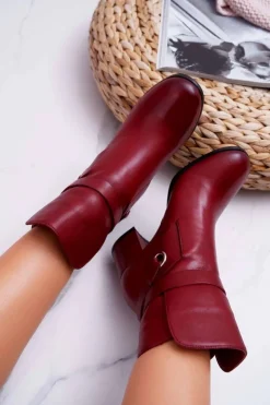 Clearance Laura Messi Botki Damskie Skórzane Wsuwane Bordowe 1820