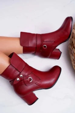 Clearance Laura Messi Botki Damskie Skórzane Wsuwane Bordowe 1820