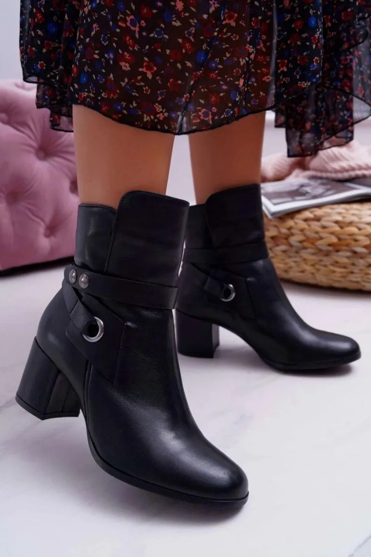 Damskie Laura Messi Botki Damskie Skórzane Wsuwane Czarne 1820