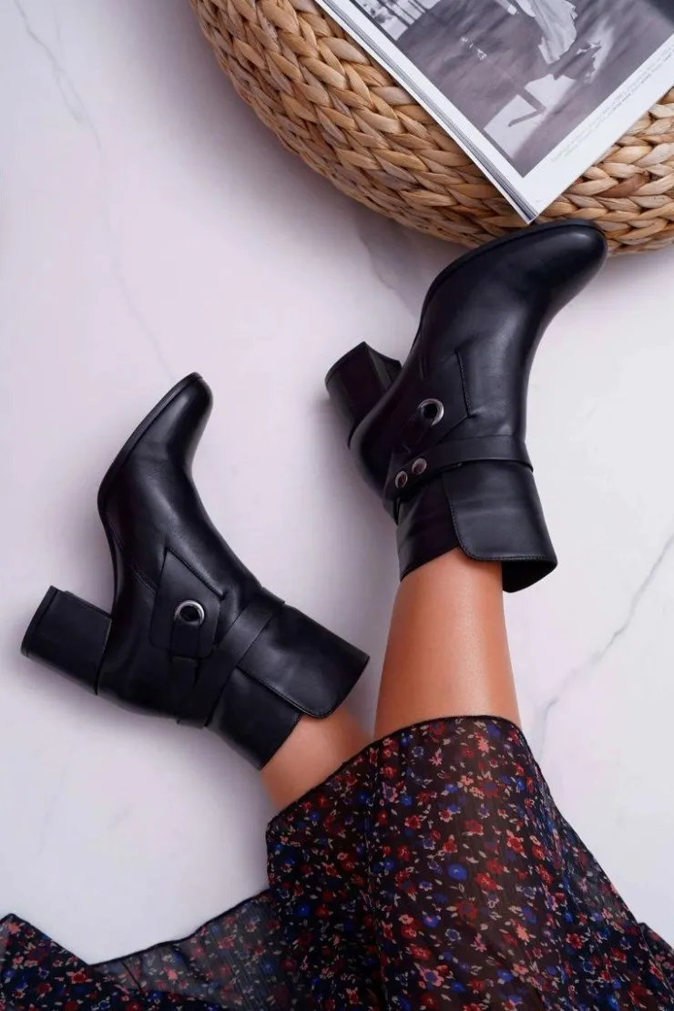 Damskie Laura Messi Botki Damskie Skórzane Wsuwane Czarne 1820