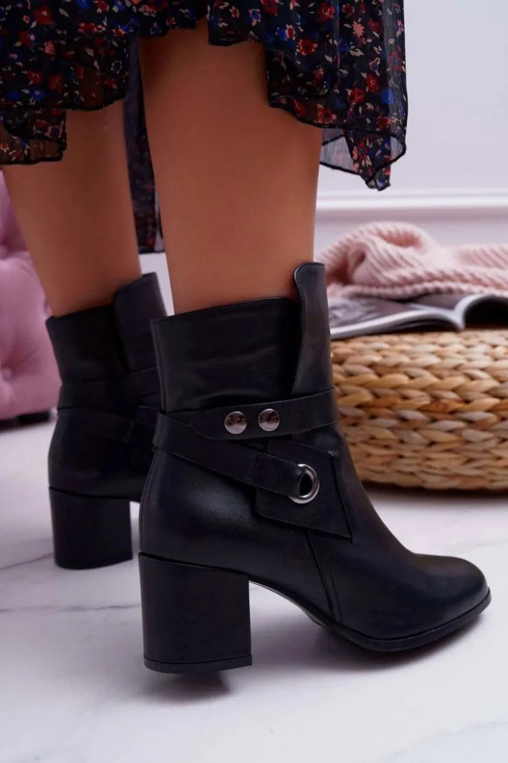 Damskie Laura Messi Botki Damskie Skórzane Wsuwane Czarne 1820