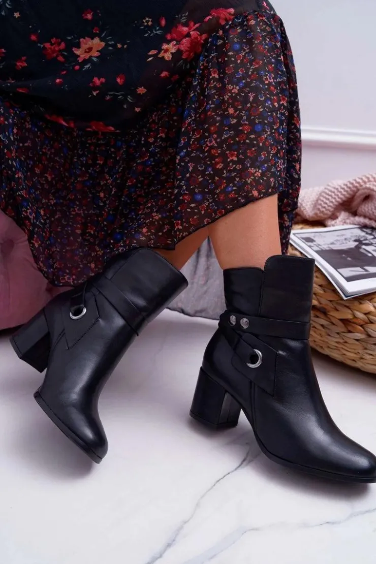 Damskie Laura Messi Botki Damskie Skórzane Wsuwane Czarne 1820