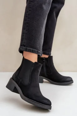 Outlet Boto Botki Damskie Sztyblety Ocieplane Niski Obcas Zamek Czarne Savalindra