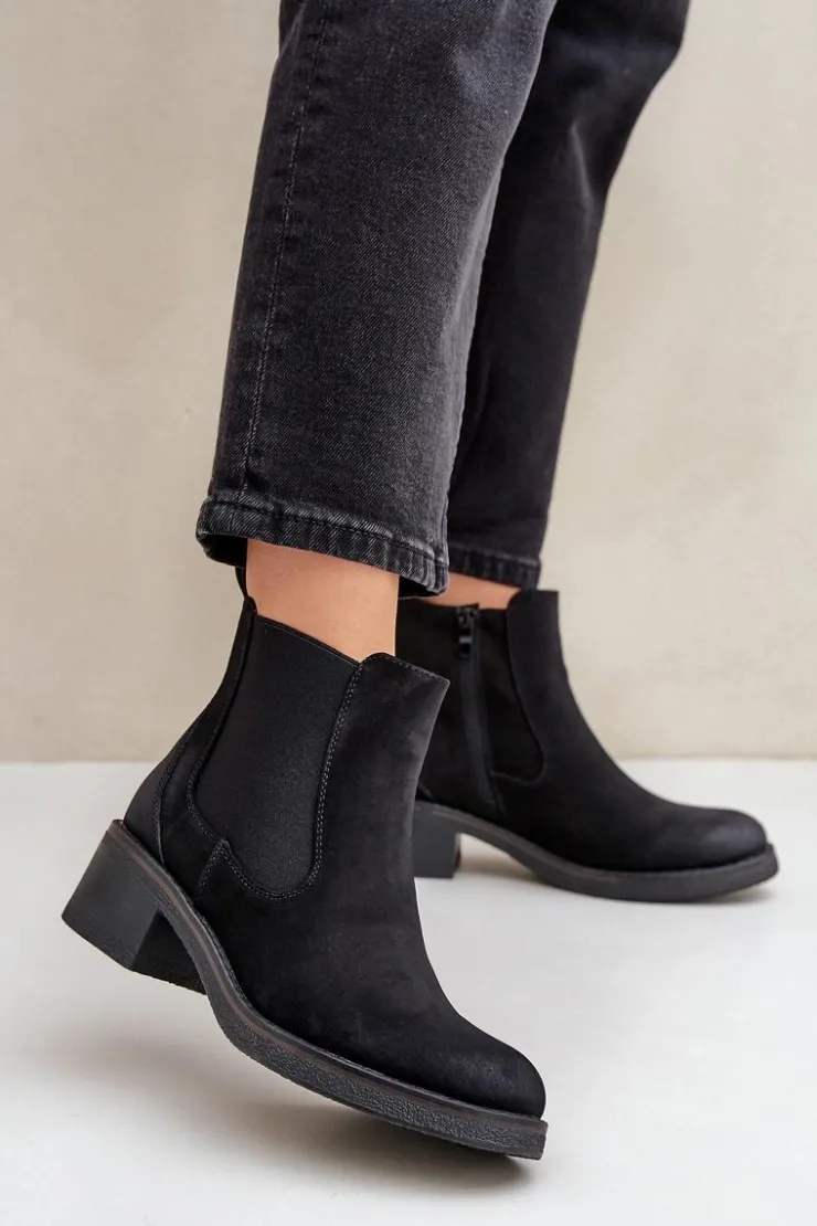 Outlet Boto Botki Damskie Sztyblety Ocieplane Niski Obcas Zamek Czarne Savalindra