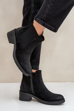 Outlet Boto Botki Damskie Sztyblety Ocieplane Niski Obcas Zamek Czarne Savalindra