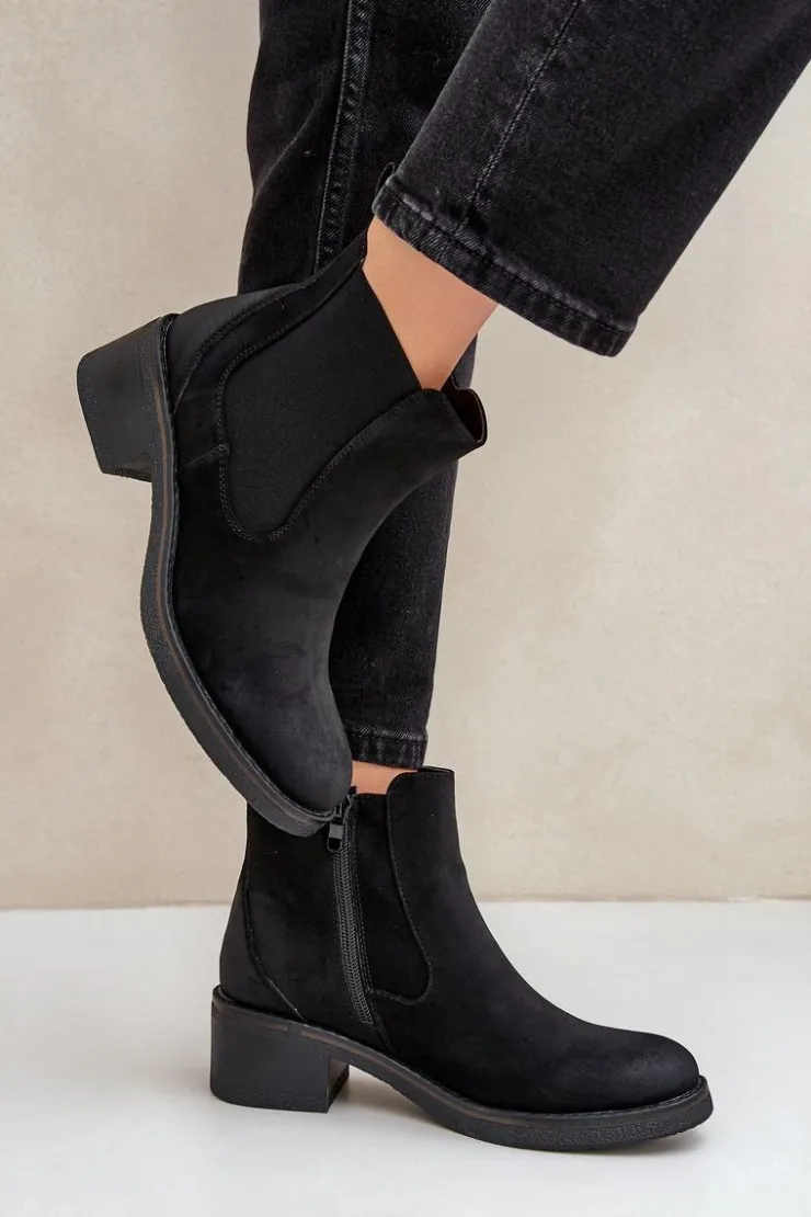 Outlet Boto Botki Damskie Sztyblety Ocieplane Niski Obcas Zamek Czarne Savalindra
