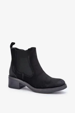 Outlet Boto Botki Damskie Sztyblety Ocieplane Niski Obcas Zamek Czarne Savalindra