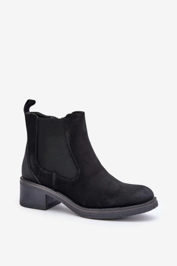 Outlet Boto Botki Damskie Sztyblety Ocieplane Niski Obcas Zamek Czarne Savalindra