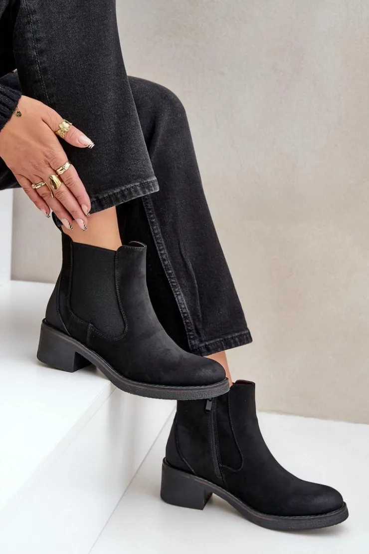 Outlet Boto Botki Damskie Sztyblety Ocieplane Niski Obcas Zamek Czarne Savalindra