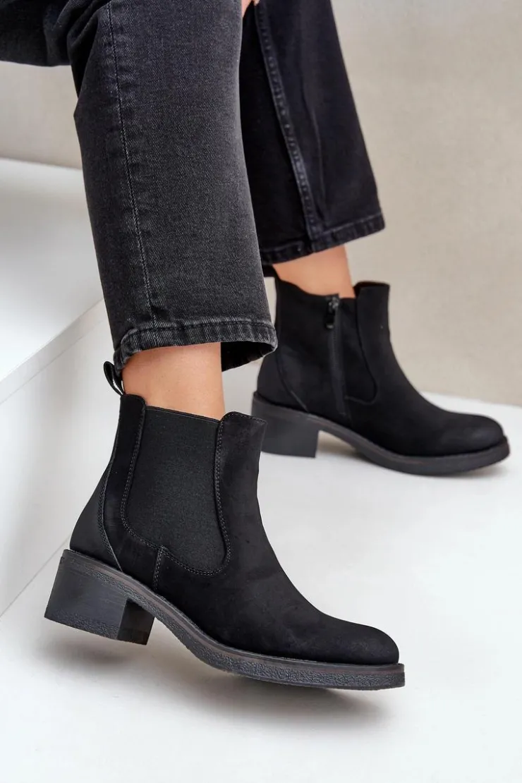 Outlet Boto Botki Damskie Sztyblety Ocieplane Niski Obcas Zamek Czarne Savalindra