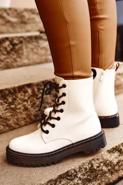 Discount Damskie buty S.Barski Botki Damskie Trapery Białe Kognito