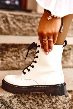 Discount Damskie buty S.Barski Botki Damskie Trapery Białe Kognito