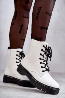 Discount Damskie buty S.Barski Botki Damskie Trapery Białe Kognito