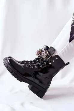 Damskie buty S.Barski Damskie Trapery|Czarne Botki*Botki Damskie Trapery Czarne Kryształy Tweten