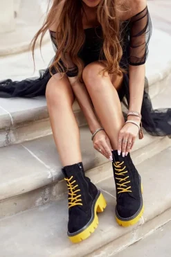 Outlet Boto Botki Damskie Trapery Czarne Żółte Zamszowe Malawi