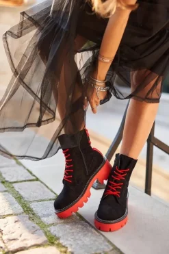 Boto Damskie Trapery|Botki Sznurowane*Botki Damskie Trapery Czarne Czerwone Zamszowe Malawi