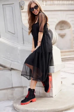 Boto Damskie Trapery|Botki Sznurowane*Botki Damskie Trapery Czarne Czerwone Zamszowe Malawi