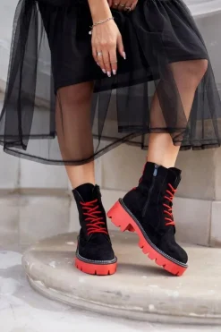 Boto Damskie Trapery|Botki Sznurowane*Botki Damskie Trapery Czarne Czerwone Zamszowe Malawi