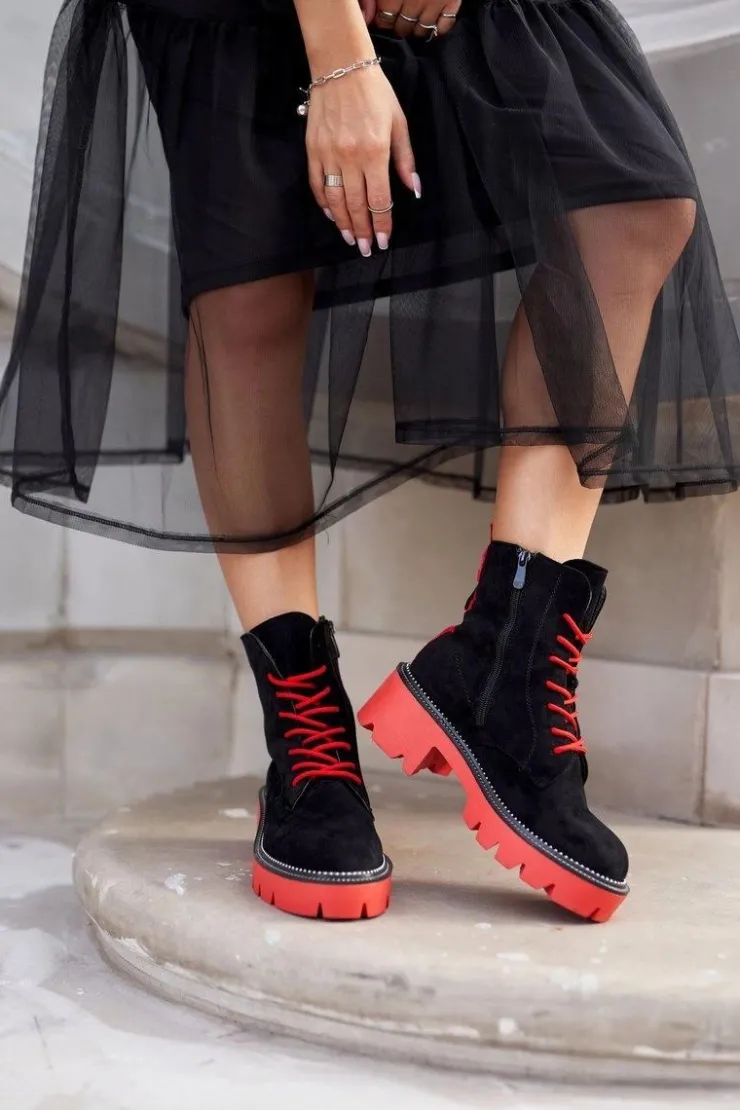 Boto Damskie Trapery|Botki Sznurowane*Botki Damskie Trapery Czarne Czerwone Zamszowe Malawi