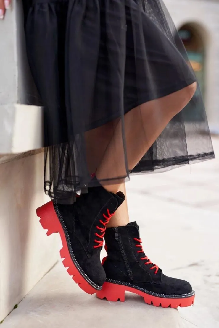 Boto Damskie Trapery|Botki Sznurowane*Botki Damskie Trapery Czarne Czerwone Zamszowe Malawi