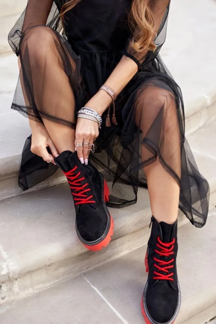 Boto Damskie Trapery|Botki Sznurowane*Botki Damskie Trapery Czarne Czerwone Zamszowe Malawi