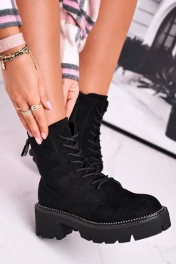 Damskie Boto Botki Damskie Trapery Czarne Zamszowe Malawi