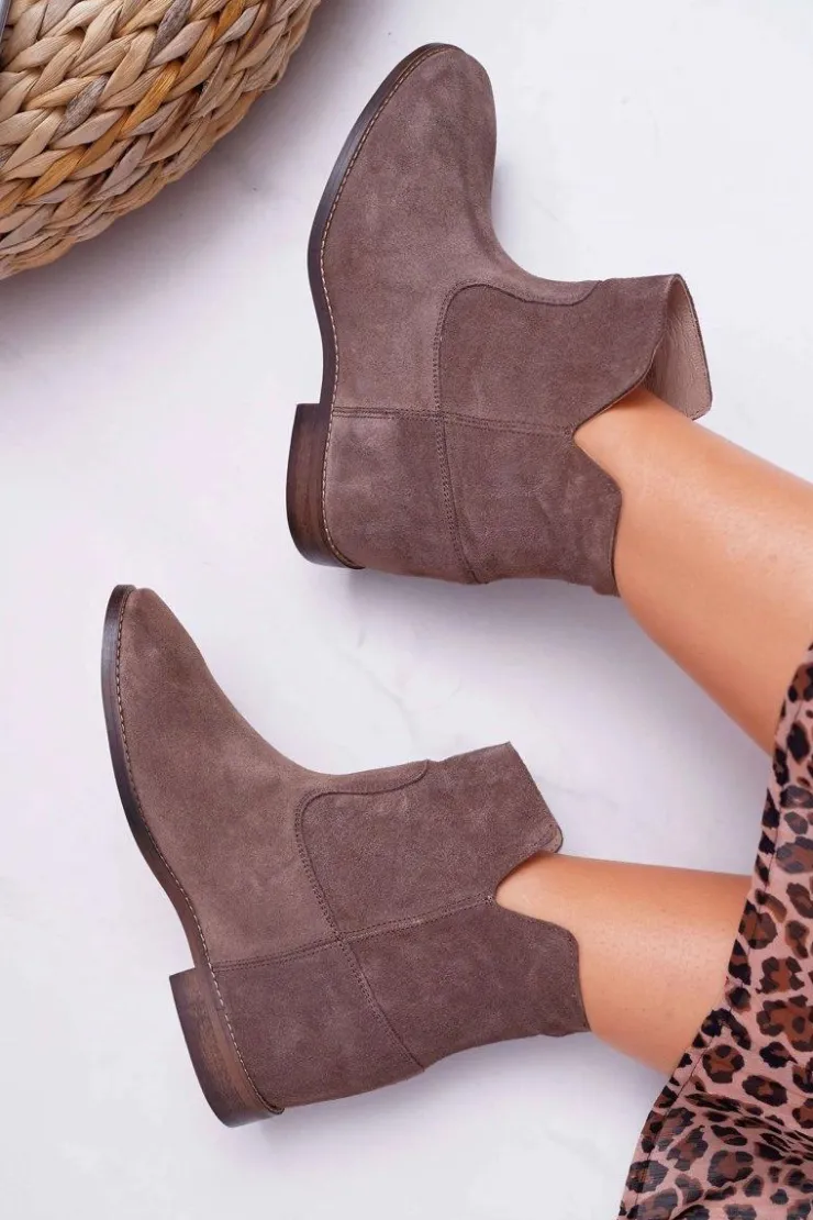 Boto Botki Na Koturnie|Brązowe I Beżowe Botki*Botki Damskie Ukryty Koturn Płaski Obcas Cappuccino Ciemne Nicole 2419