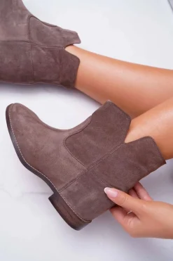 Boto Botki Na Koturnie|Brązowe I Beżowe Botki*Botki Damskie Ukryty Koturn Płaski Obcas Cappuccino Ciemne Nicole 2419