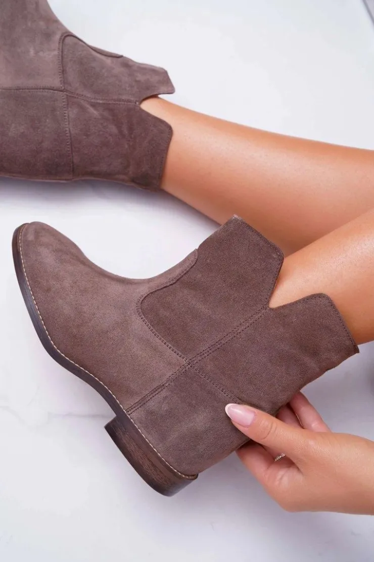 Boto Botki Na Koturnie|Brązowe I Beżowe Botki*Botki Damskie Ukryty Koturn Płaski Obcas Cappuccino Ciemne Nicole 2419