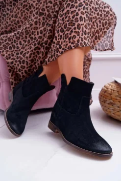 Damskie Boto Botki Damskie Ukryty Koturn Płaski Obcas Czarne Nicole 2419