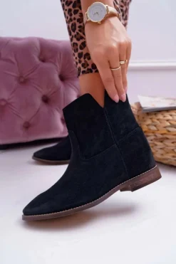 Damskie Boto Botki Damskie Ukryty Koturn Płaski Obcas Czarne Nicole 2419