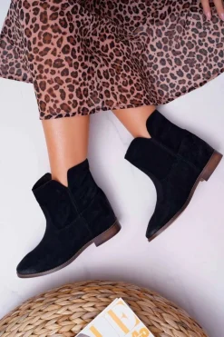 Damskie Boto Botki Damskie Ukryty Koturn Płaski Obcas Czarne Nicole 2419