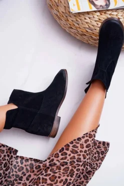 Damskie Boto Botki Damskie Ukryty Koturn Płaski Obcas Czarne Nicole 2419