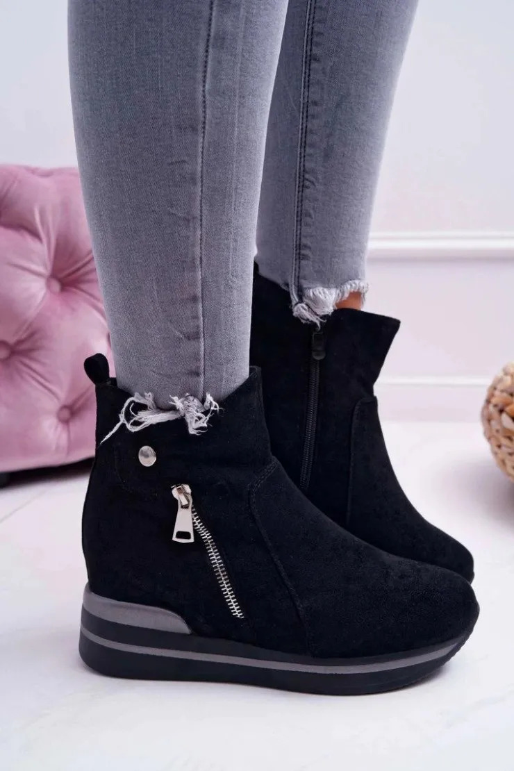Damskie Boto Botki Damskie Ukryty Koturn Czarne Crazyness