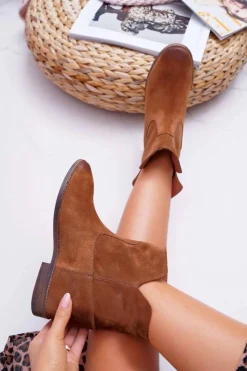 Damskie Boto Botki Damskie Ukryty Koturn Płaski Obcas Brązowe Nicole 2419