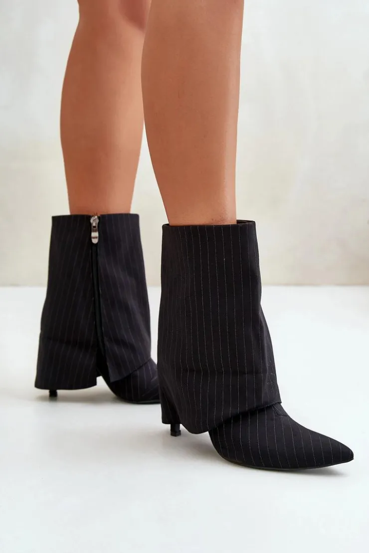New Boto Botki Damskie W Paski Na Szpilce Z Wywiniętą Cholewką I Noskami W Szpic Czarne Naritua Czarny