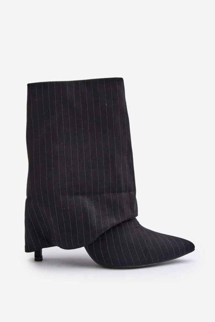 New Boto Botki Damskie W Paski Na Szpilce Z Wywiniętą Cholewką I Noskami W Szpic Czarne Naritua Czarny