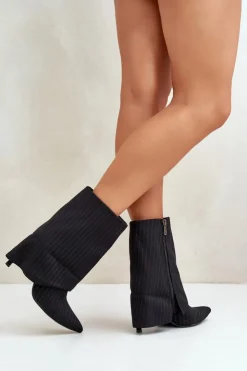 New Boto Botki Damskie W Paski Na Szpilce Z Wywiniętą Cholewką I Noskami W Szpic Czarne Naritua Czarny