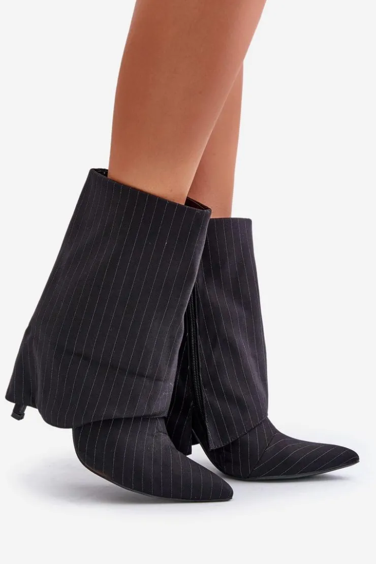 New Boto Botki Damskie W Paski Na Szpilce Z Wywiniętą Cholewką I Noskami W Szpic Czarne Naritua Czarny