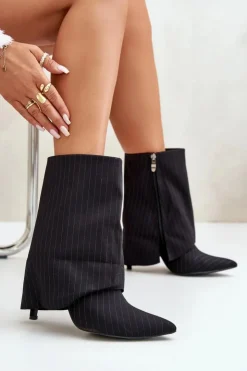 New Boto Botki Damskie W Paski Na Szpilce Z Wywiniętą Cholewką I Noskami W Szpic Czarne Naritua Czarny