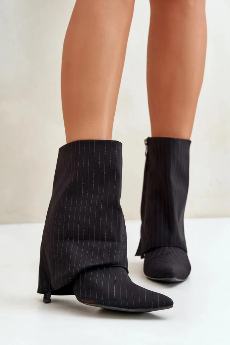 New Boto Botki Damskie W Paski Na Szpilce Z Wywiniętą Cholewką I Noskami W Szpic Czarne Naritua Czarny