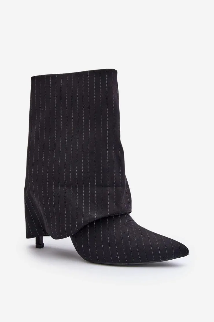 New Boto Botki Damskie W Paski Na Szpilce Z Wywiniętą Cholewką I Noskami W Szpic Czarne Naritua Czarny
